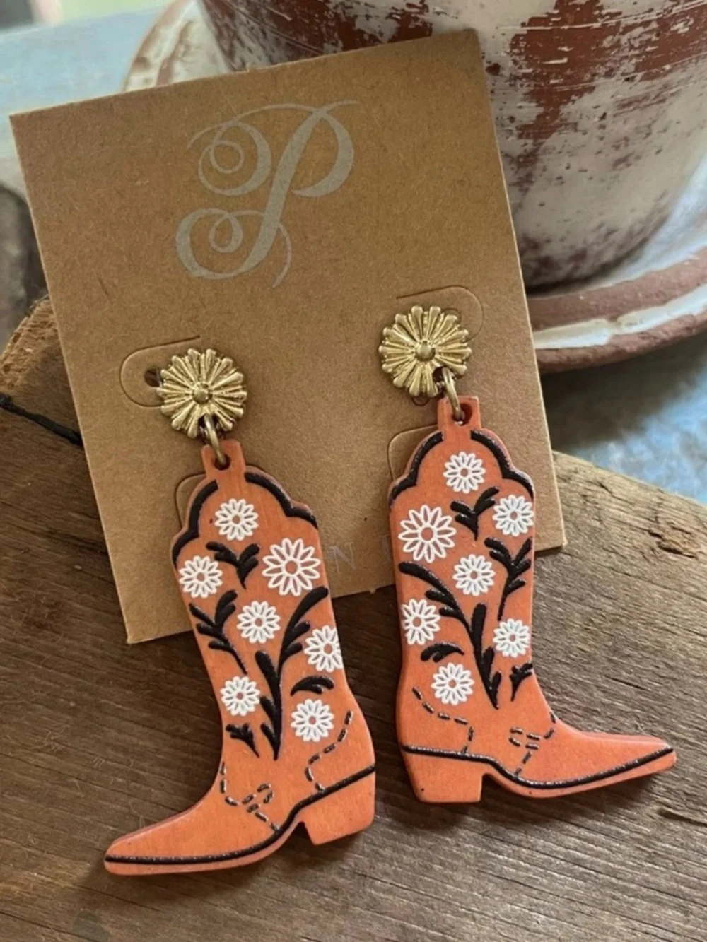 New Plunder Cowgirl Boot Floral Drop Earrings